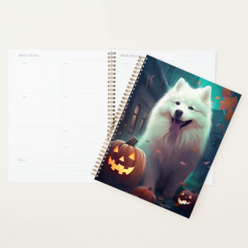 Halloween Samoyed With Pumpkins Scary Planner