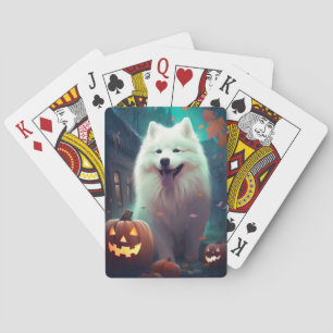 Halloween Samoyed With Pumpkins Scary Poker Cards