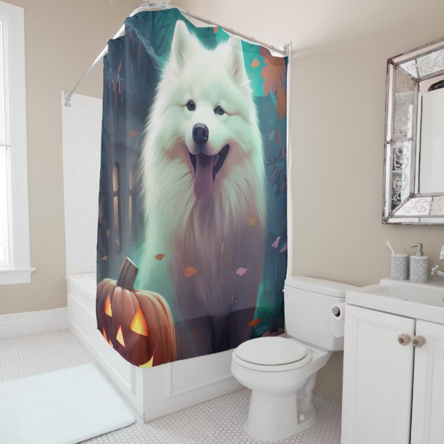 Halloween Samoyed With Pumpkins Scary Shower Curtain (In Situ)