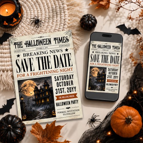 Halloween Save The Date, Halloween Newspaper Invitation