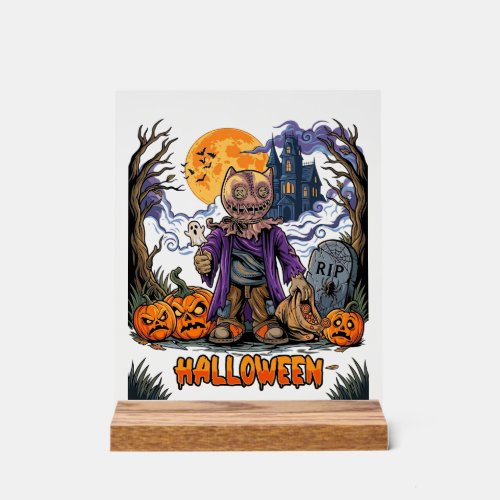 Halloween Scarecrow Candy Sack Pumpkins Haunted Ho Acrylic Sign
