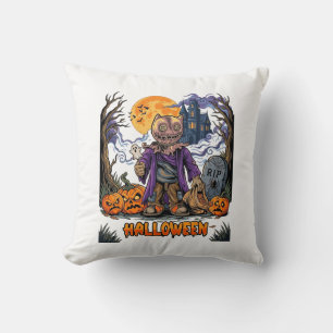 Halloween Scarecrow Candy Sack Pumpkins Haunted Ho Throw Pillow