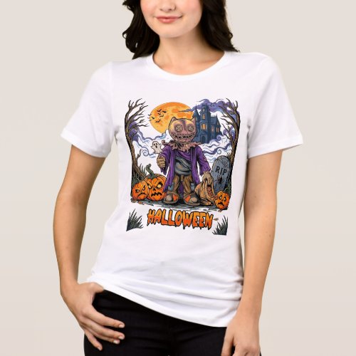 Halloween Scarecrow Candy Sack Pumpkins Haunted Ho Tri-Blend Shirt