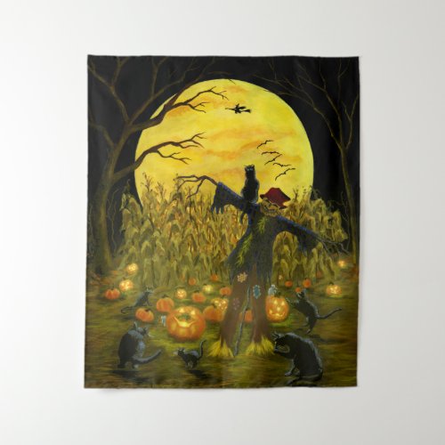 Halloween scarecrow in a spooky cornfield tapestry