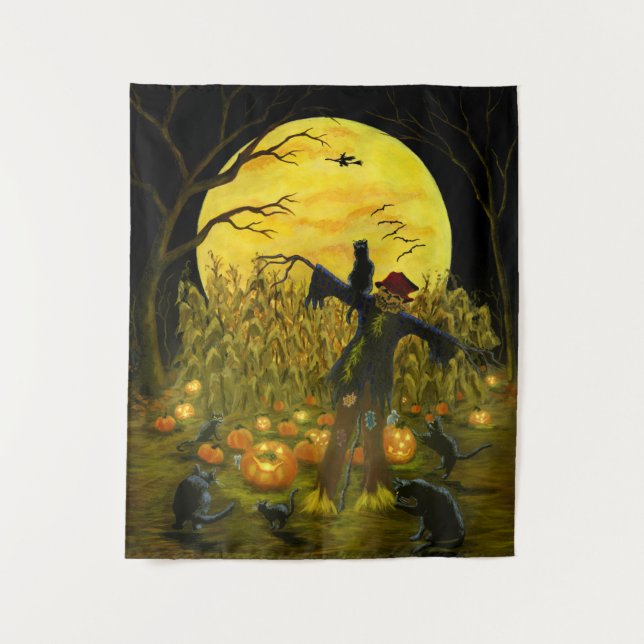 Halloween scarecrow in a spooky cornfield tapestry (Front)