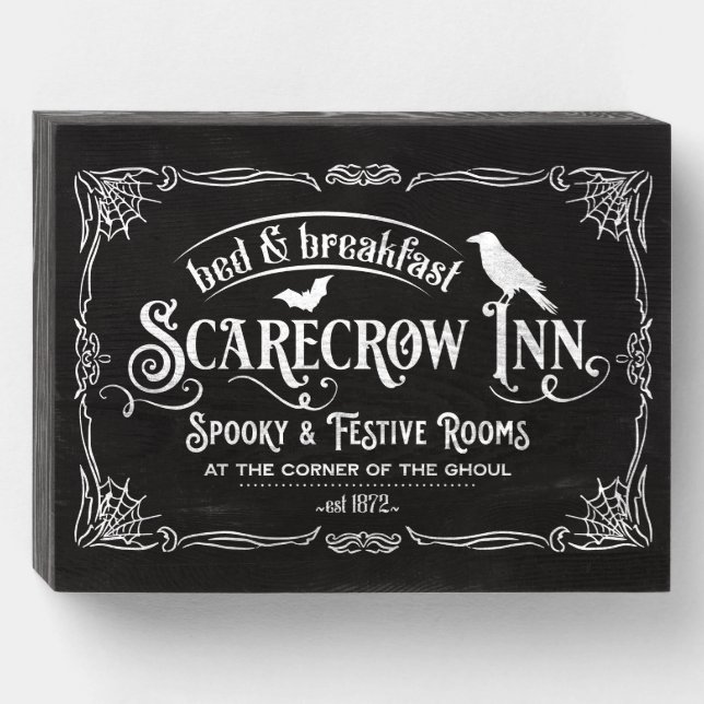 Halloween Scarecrow Inn Bed and Breakfast Raven Wooden Box Sign (Front Horizontal)