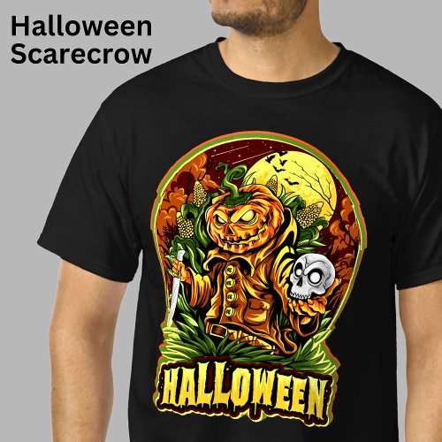 Halloween Scarecrow Skull Pumpkin Head Knife Bats  T_Shirt