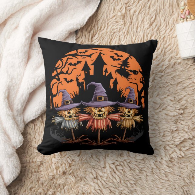 Halloween scarecrow trio beneath an eerie moon throw pillow (Blanket)
