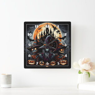 Halloween scarecrow trio under a full moon square wall clock
