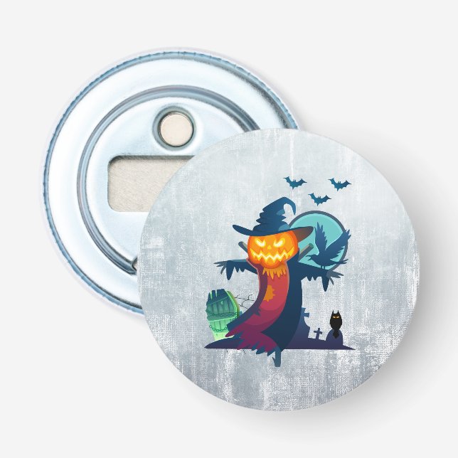 Halloween Scarecrow With Bats Crow And Owl Bottle Opener (Front)