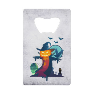 Halloween Scarecrow With Bats Crow And Owl Credit Card Bottle Opener
