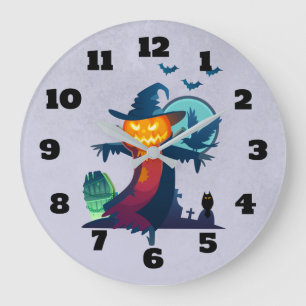 Halloween Scarecrow With Bats Crow And Owl Large Clock