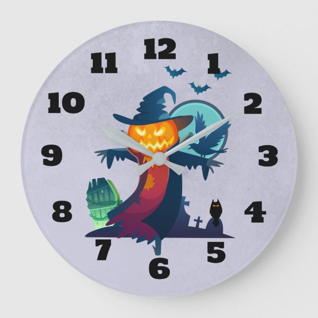 Halloween Scarecrow With Bats Crow And Owl Large Clock (Front)