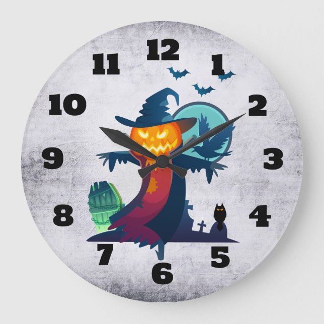 Halloween Scarecrow With Bats Crow And Owl Large Clock (Front)