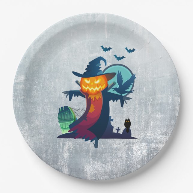 Halloween Scarecrow With Bats Crow And Owl Paper Plates (Front)