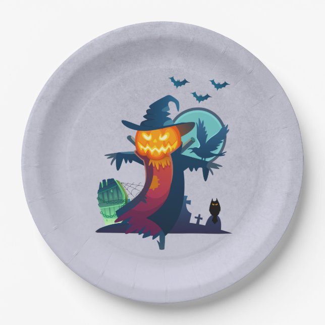 Halloween Scarecrow With Bats Crow And Owl Paper Plates (Front)
