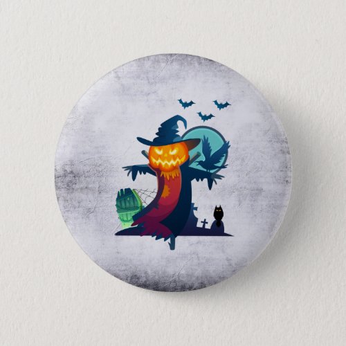 Halloween Scarecrow With Bats Crow And Owl Pinback Button