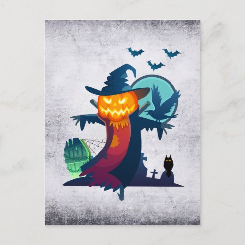 Halloween Scarecrow With Bats Crow And Owl Postcard