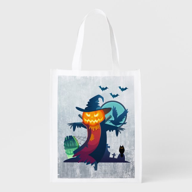 Halloween Scarecrow With Bats Crow And Owl Reusable Grocery Bag (Front)