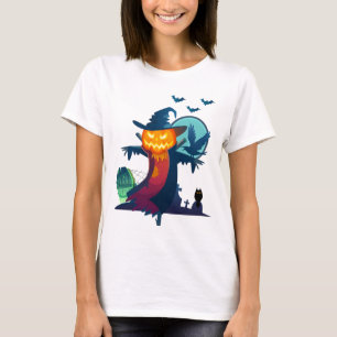 Halloween Scarecrow With Bats Crow And Owl T-Shirt