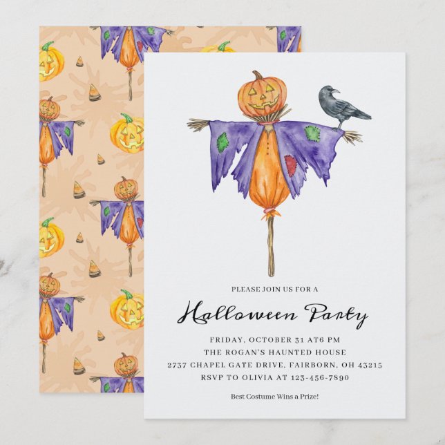 Halloween Scarecrow with Pumpkin Party Invitation (Front/Back)
