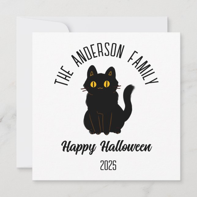 Halloween Scary Black Cat Personalized Name Holiday Card (Front)