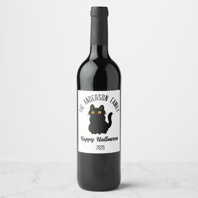 Halloween Scary Black Cat Personalized Name Wine Label (Front)