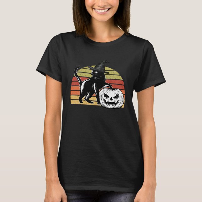 Halloween Scary Black Cat Witch Hat Pumpkin JackOL T-Shirt (Front)