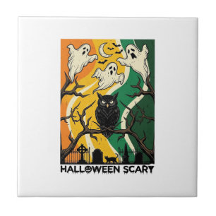 Halloween Scary Black Owl Ghosts Graveyard_1 Ceramic Tile