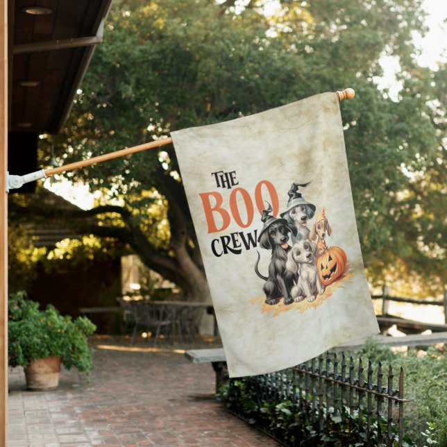 Halloween Scary Boo Dogs Crew Orange Pumpkin House Flag (In SItu)