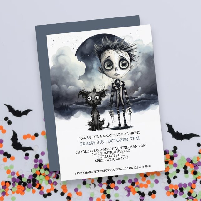 Halloween Scary Boy and Dog Under a Full Moon Invitation (Halloween Scary Boy and Dog Under a Full Moon Invitations from Ricaso. Spikey haired boy with dog)