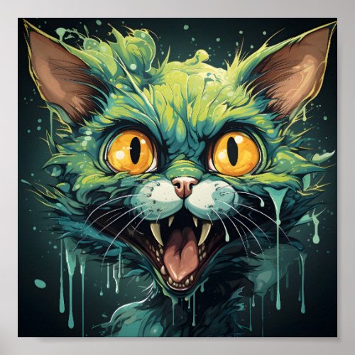 Halloween Scary Cartoon Green Zombie Cat Poster