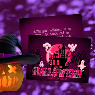 Halloween Scary Castle Ghost and Purple Pink Moon Card