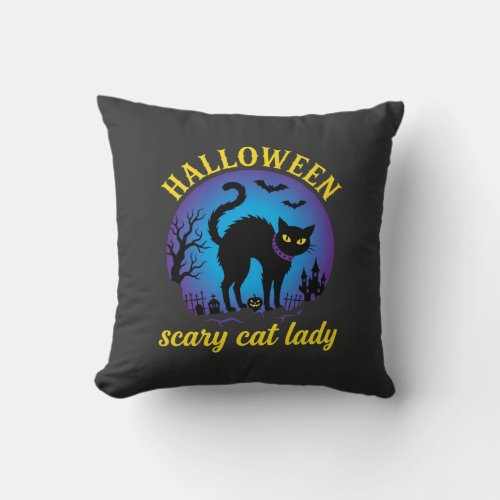 Halloween Scary Cat Lady Black Cat Throw Pillow