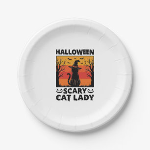 Halloween Scary Cat Lady Vintage Engraving Shirt D Paper Plates