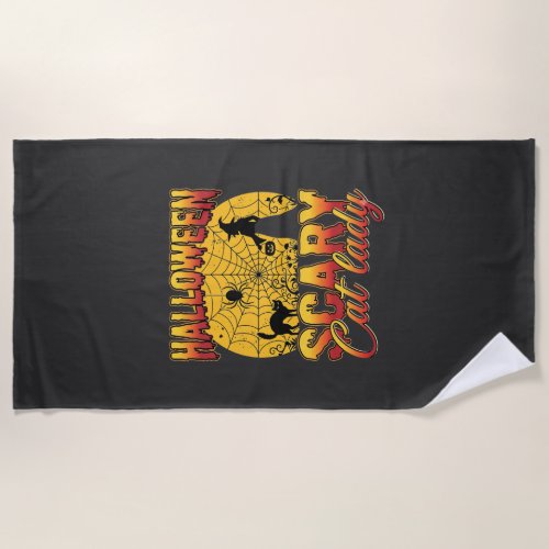 Halloween Scary Cat Lady Witch Spider Web Beach Towel