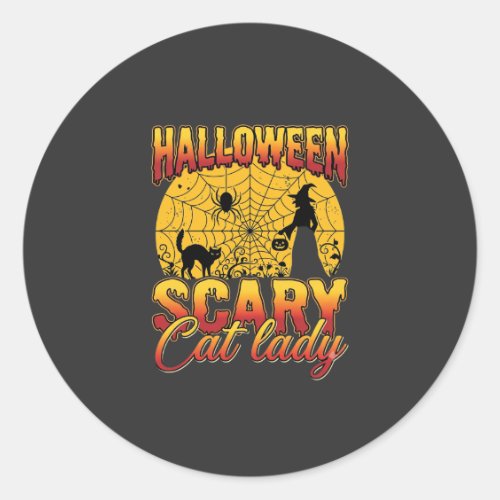 Halloween Scary Cat Lady Witch Spider Web Classic Round Sticker