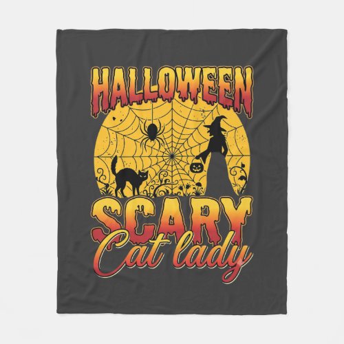 Halloween Scary Cat Lady Witch Spider Web Fleece Blanket
