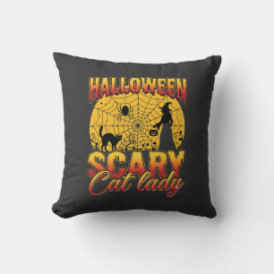Halloween Scary Cat Lady Witch Spider Web Throw Pillow
