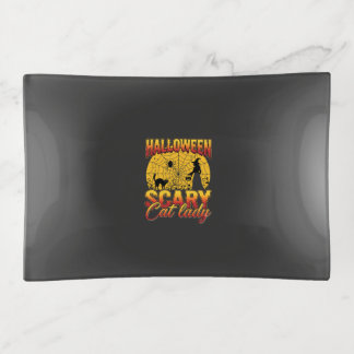 Halloween Scary Cat Lady Witch Spider Web Trinket Tray