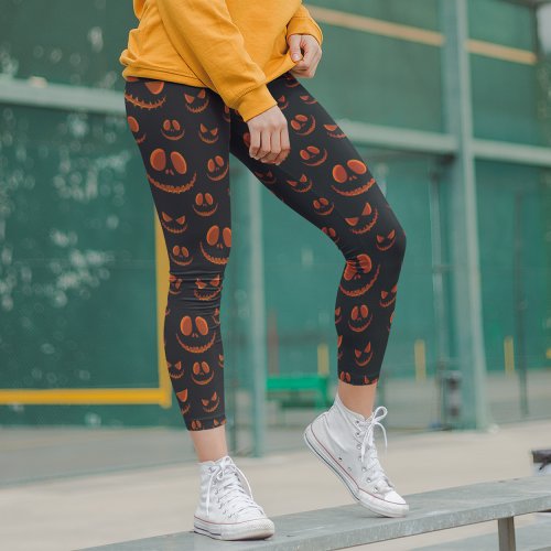 Halloween Scary Eyes Face Modern Black Orange Leggings