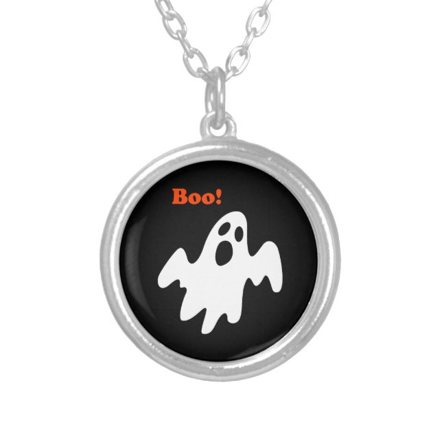 Halloween Scary Funny Holiday Ghost Says Boo Silver Plated Necklace (Front)