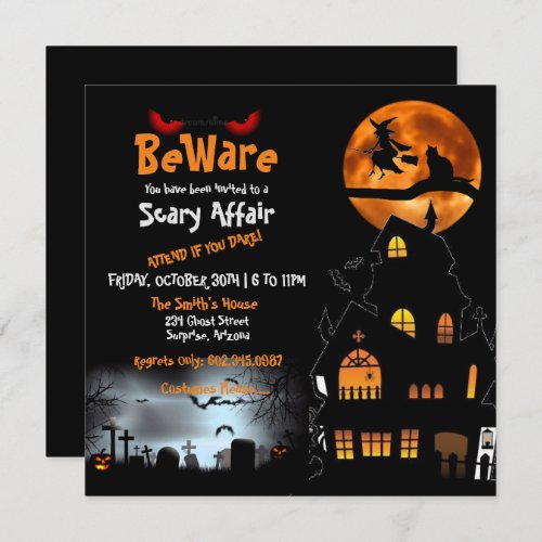 Halloween Scary House Cemetery Witch Cat Moon Invi Invitation
