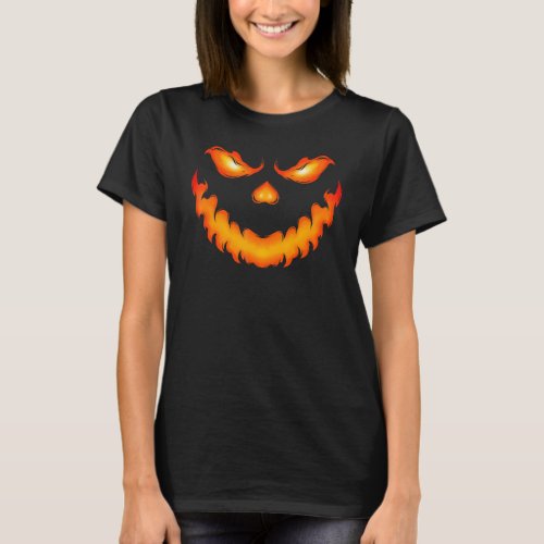 Halloween Scary Jack O Lantern Pumpkin Face On Fir T_Shirt