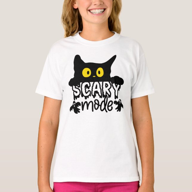 Halloween Scary Mode Scared Cat T-Shirt (Front)
