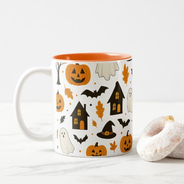 Halloween Scary Pattern – Spooky & Festive Two-Tone Coffee Mug (With Donut)