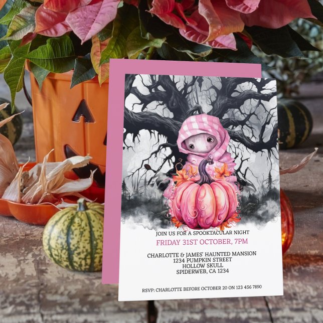 Halloween Scary Pink Pumpkin And Haunted Figure Invitation (Halloween Scary Pink Pumpkin And Haunted Figure Invitation from Ricaso. A cute but hunting figure)