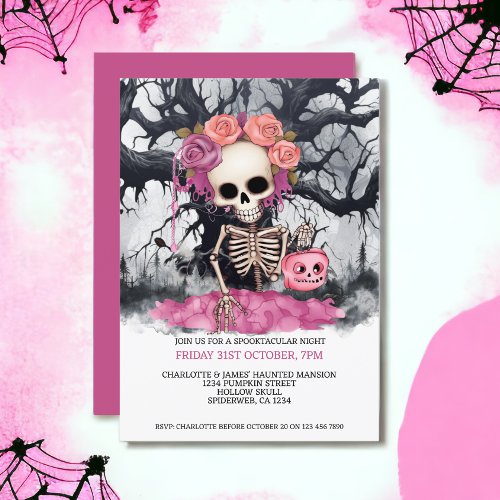 Halloween Scary Pink Skeleton And Haunted Tree Invitation
