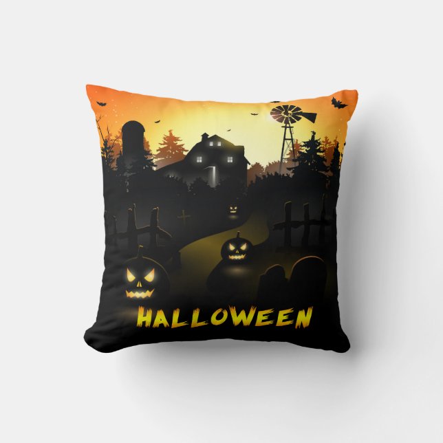 Halloween Scary Pumpkin Scene Throw Pillow (Front)