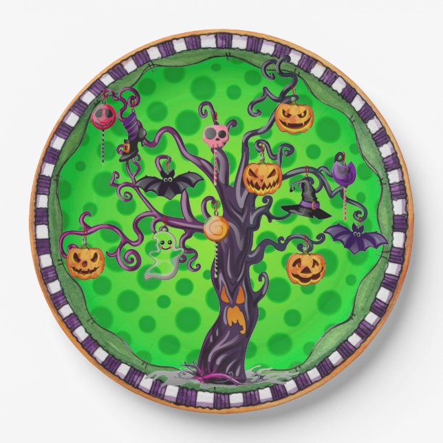 Halloween Scary Pumpkin Tree Paper Plates (Front)